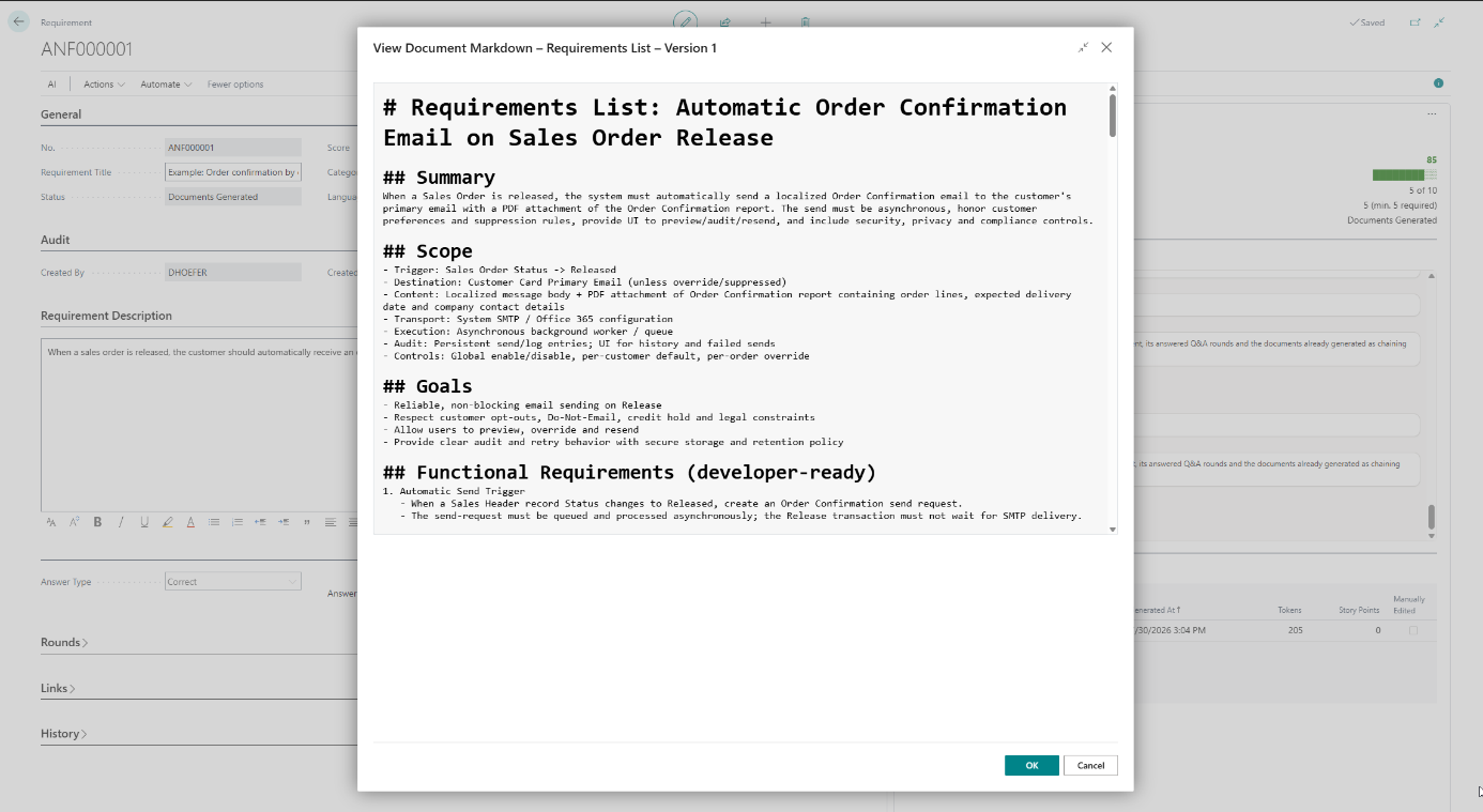 Ein generiertes Anforderungsdokument in entwicklungsreifem Markdown